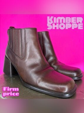 Glacee Brown Leather Square Toe Block Heel Chelsea Boot US 6 UK 4